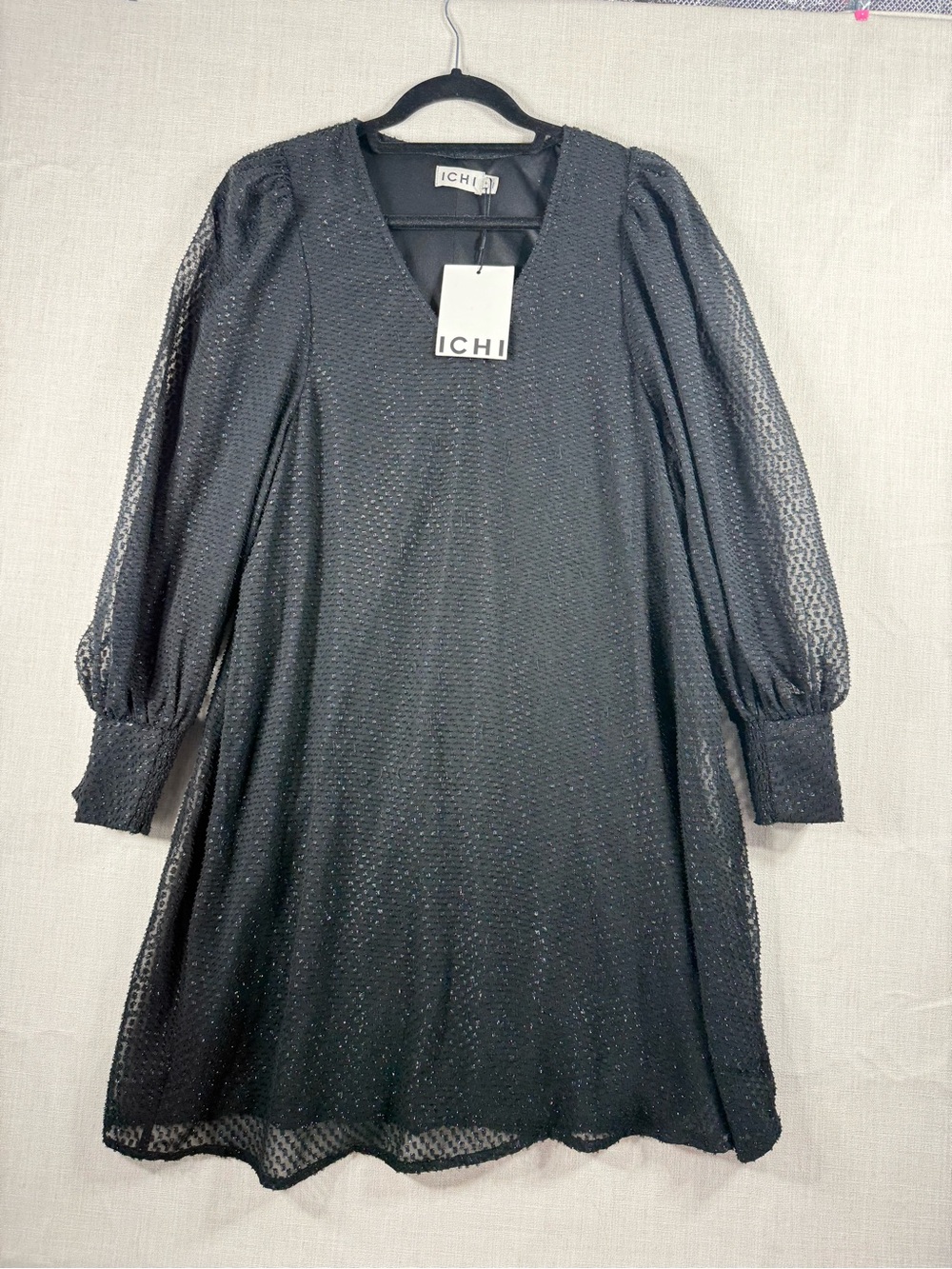 ICHI Black V-Neck Textured Long Sleeve Dress
